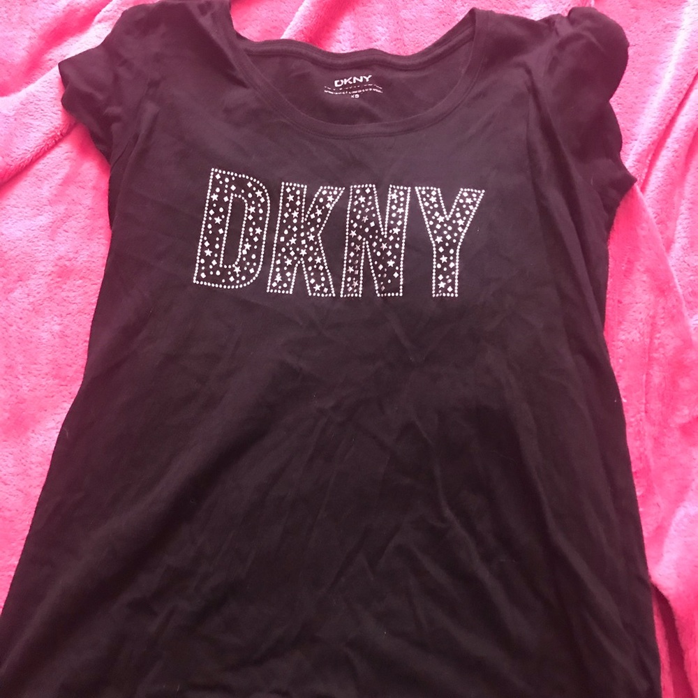 DKNY Womens' Black Logo Tee with Rhinestone Detail